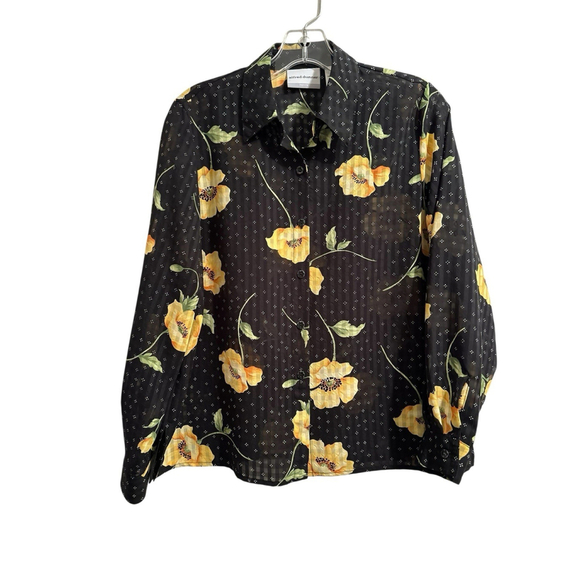 Alfred Dunner Floral Button Down Sheer Blouse Womens 8P Black Gold Long Sleeve - Picture 11 of 17